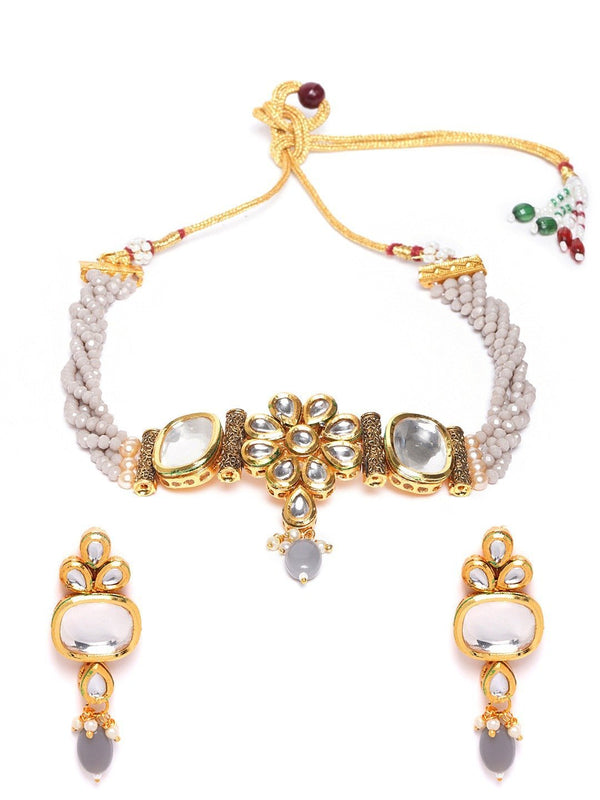 Women's Grey Beads Kundan Stones Gold Plated Floral Choker - Priyaasi