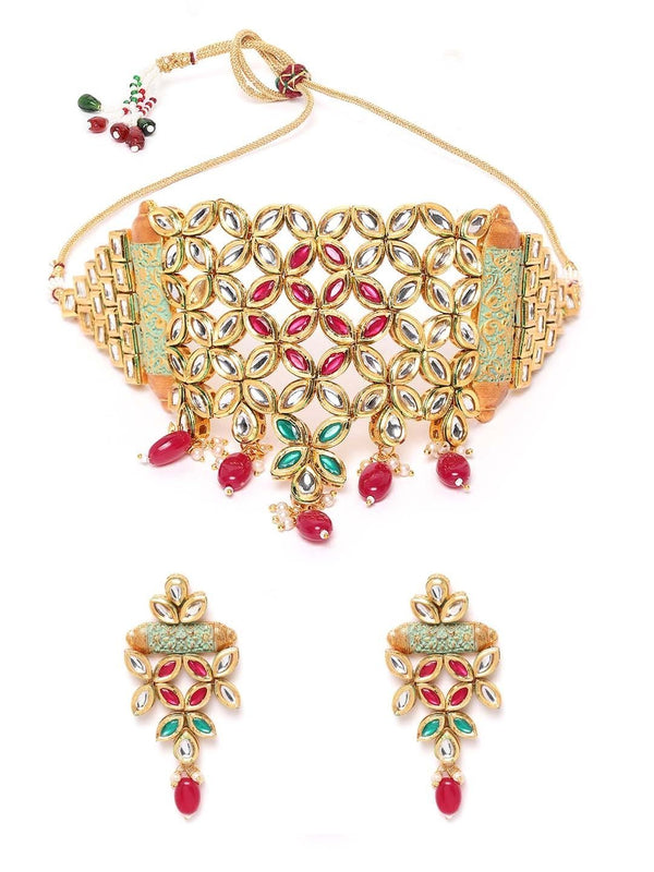 Women's Mint Green Kundan Ruby Gold Plated Meenakari Choker - Priyaasi