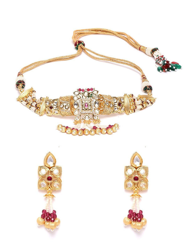 Women's Red White Beads Kundan Gold Plated Jewellery Set - Priyaasi