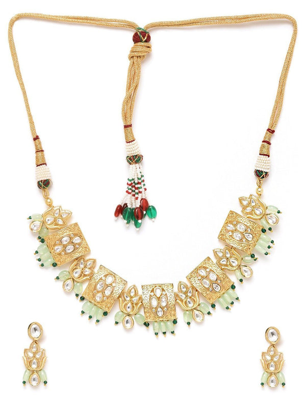 Women's Mint Green Beads Kundan Gold Plated Jewellery Set - Priyaasi