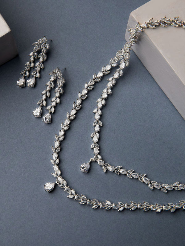 Women's  Eternal Moondust - American Diamond Silver Plated Leaf Layered Jewellery Set - Priyaasi