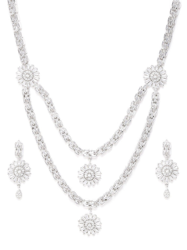 Women's  American Diamond Silver Plated Layered Jewellery Set - Priyaasi