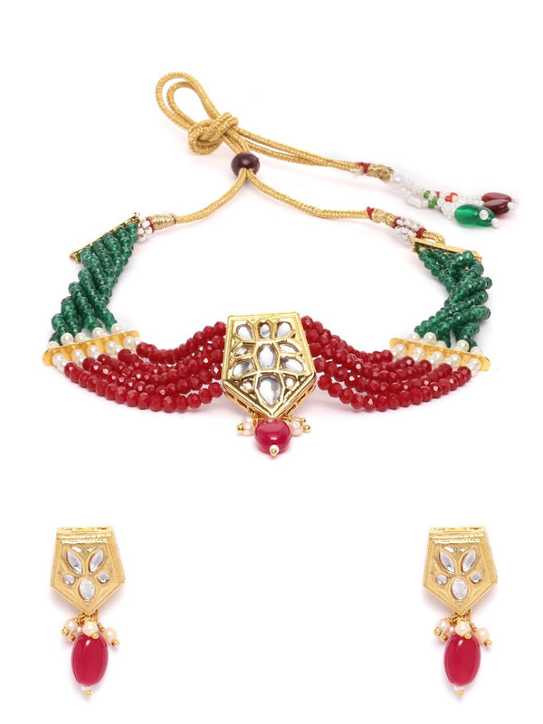 Women's Multi-Color Kundan Ruby Beads Gold Plated Jewellery Set - Priyaasi