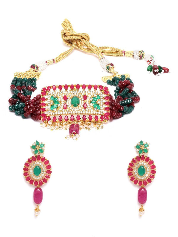 Women's Red Green Beads Ruby Gold Plated Choker - Priyaasi