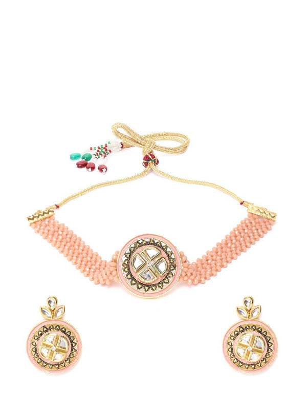 Women's Peach Beaded Kundan Choker - Priyaasi