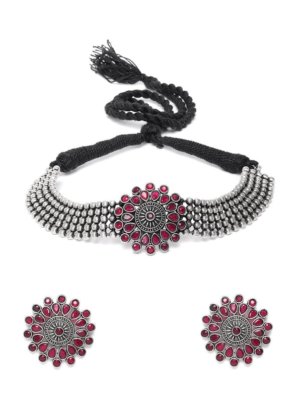 Women's Ruby German Silver Oxidised Choker - Priyaasi