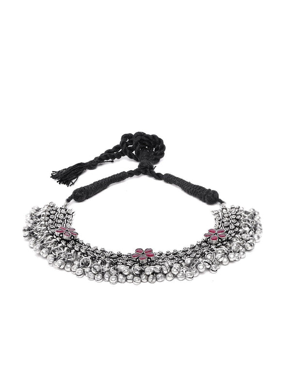 Women's Ruby German Silver Oxidised Ghungroo Necklace - Priyaasi