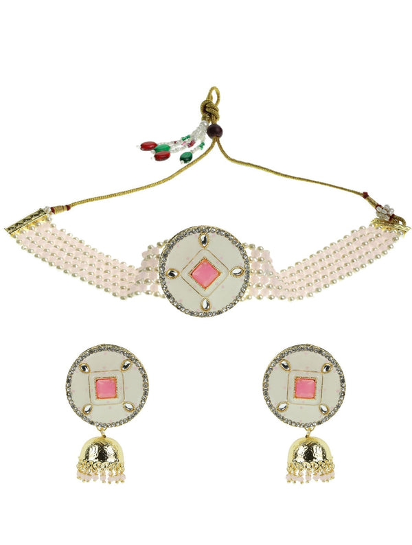 Women's Pink White Beaded Stones Gold Plated Choker - Priyaasi