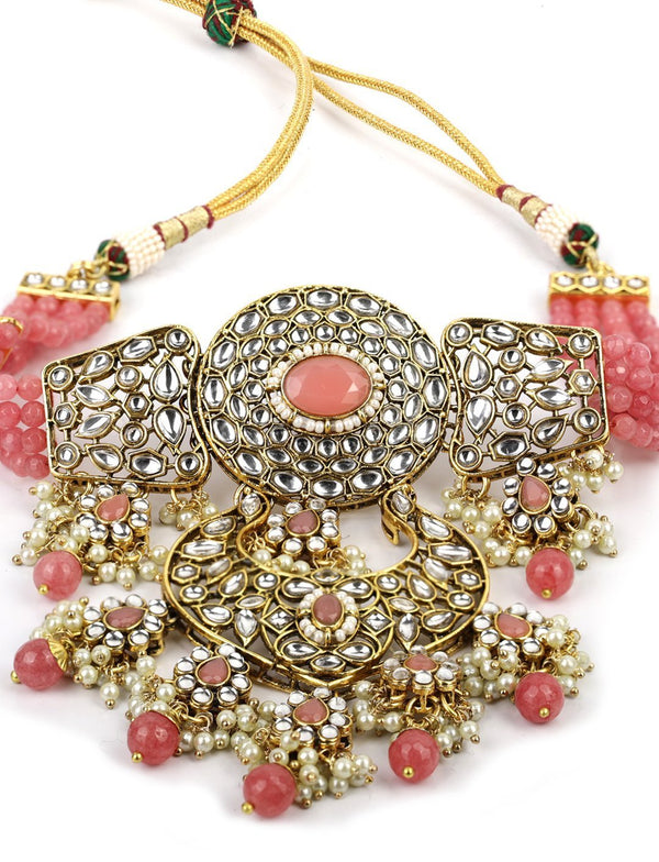 Women's Pink Pearls Beads Kundan Gold Plated Traditional MaangTika Choker - Priyaasi