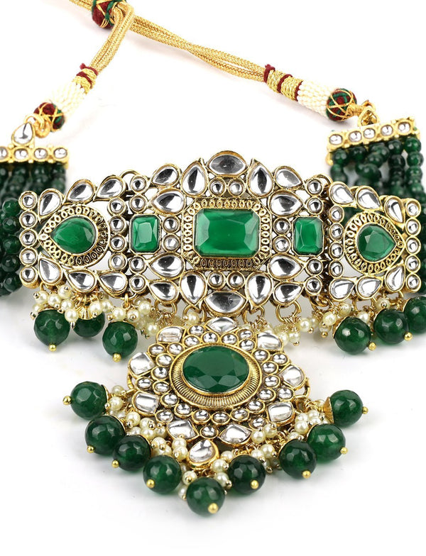 Women's Green Stones Emerald Beads Kundan Gold Plated Traditional Maang Tika Choker - Priyaasi