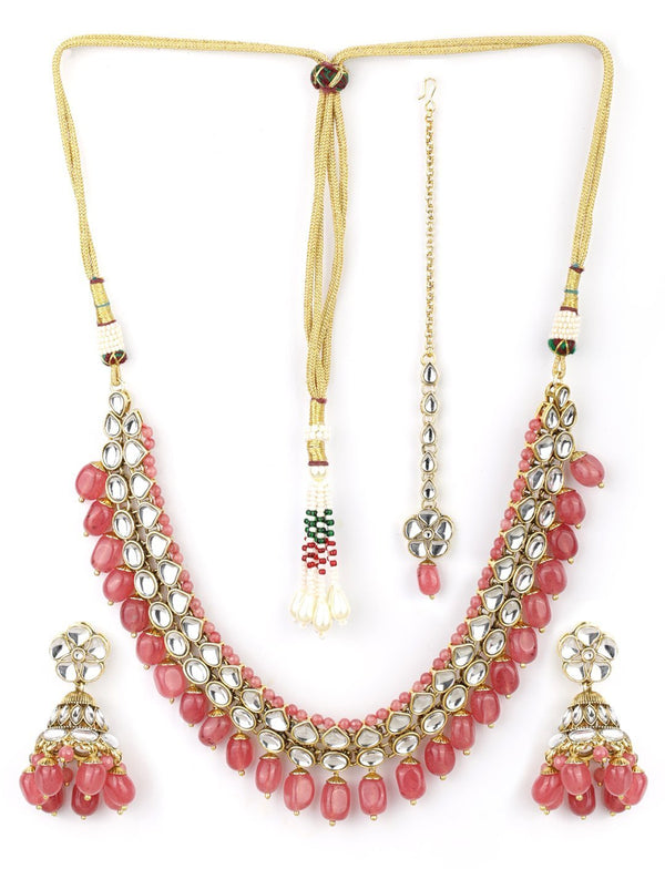 Women's Pink Beads Ruby Kundan Gold Plated Traditional MaangTika Jewellery Set - Priyaasi