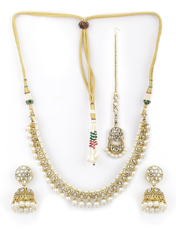 Women's White Beads Kundan Pearls Gold Plated Traditional MaangTika Jewellery Set - Priyaasi