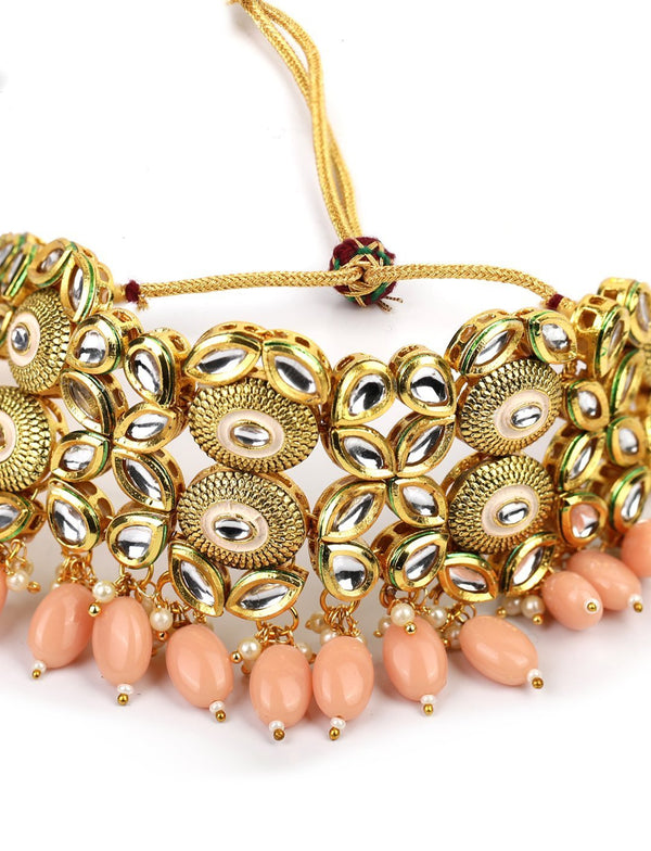 Women's Peach Pearls Kundan Gold Plated Traditional Choker - Priyaasi