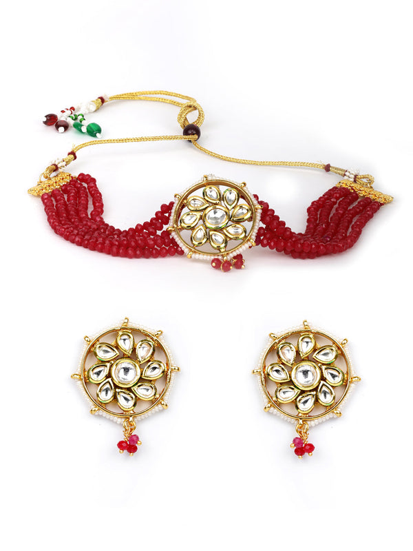 Women's  Red Beads Kundan Gold Plated Traditional Choker - Priyaasi