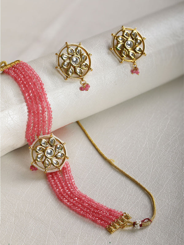 Women's  Pink Beads Kundan Gold Plated Traditional Choker - Priyaasi