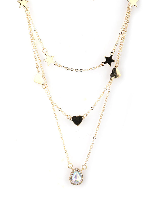 Women's  Gold Plated Heart & Star Pendant Stones Layered Necklace - Priyaasi