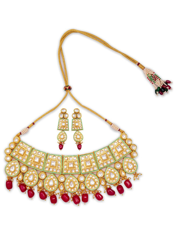 Women's Gold-Plated & Maroon Kundan Studded Handcrafted Jewellery Set - Morkanth