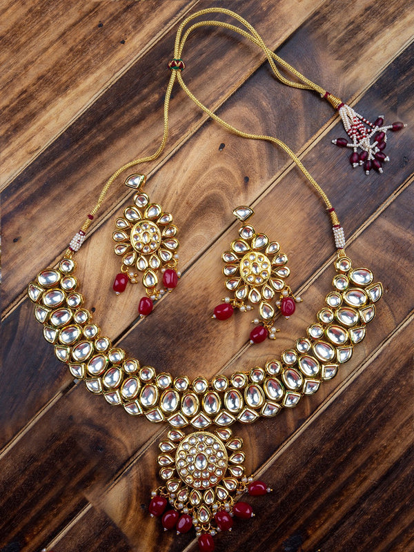 Women's Gold-Plated & Red Kundan Studded Jewellery Set - Morkanth