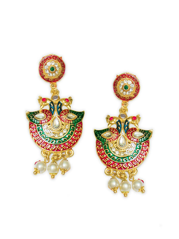 Women's Gold-Plated Green & White Kundan-Studded & Beaded Peacock Jewellery Set - Morkanth