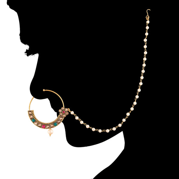 Gold Plated Nose Ring Multicolor Kundan With Pearl Chain By I Jewels