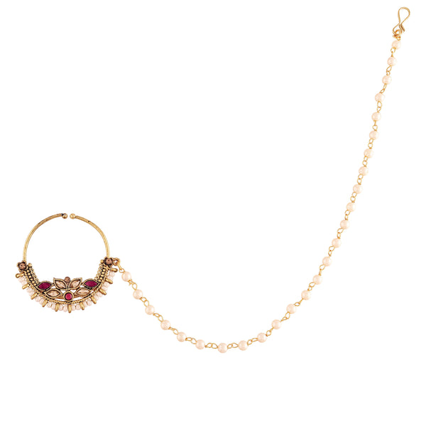 Gold Plated Ruby Kundan Nose Ring With Pearl Chain By I Jewels