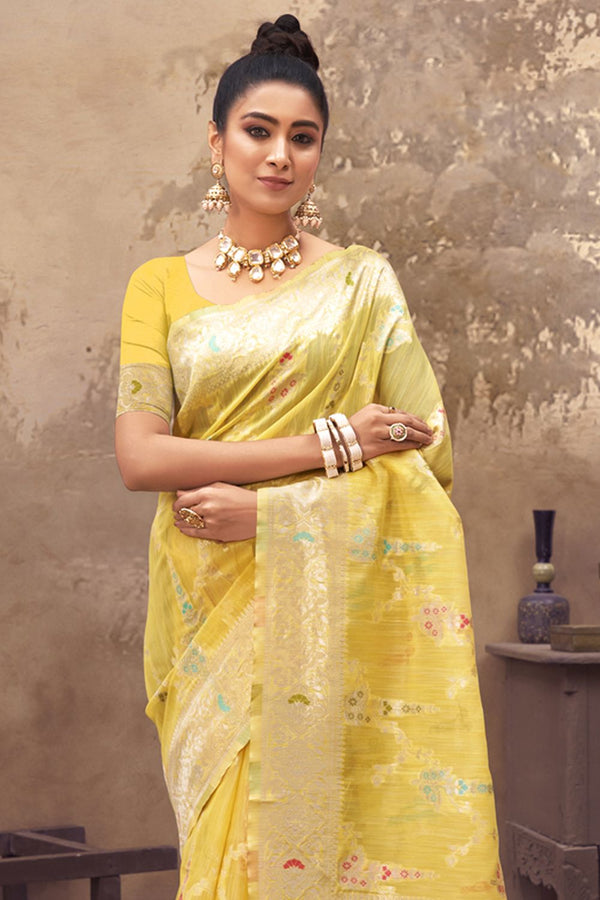 Women's Yellow Cotton Silk Woven Zari Work Traditional Saree - Sangam Prints