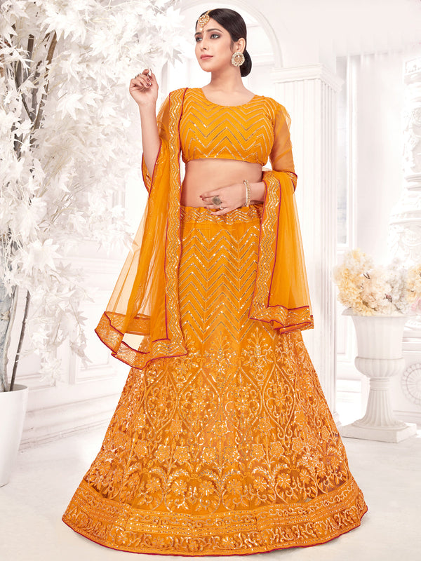 Women's Yellow Net Embroidered Lehenga Choli Set - Dwija Fashion