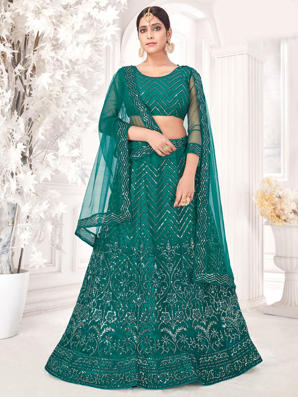 Women's Green Net Embroidered Lehenga Choli Set - Dwija Fashion