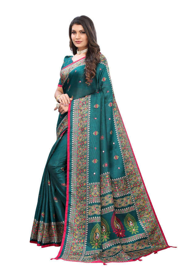 Vamika Rama Green Jute Silk Mirror Work Saree