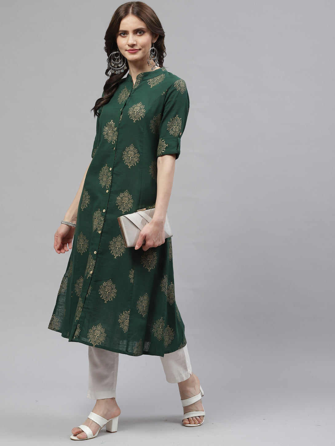 Women's Cotton A-Line Kurta (Dark Green) - Kipek