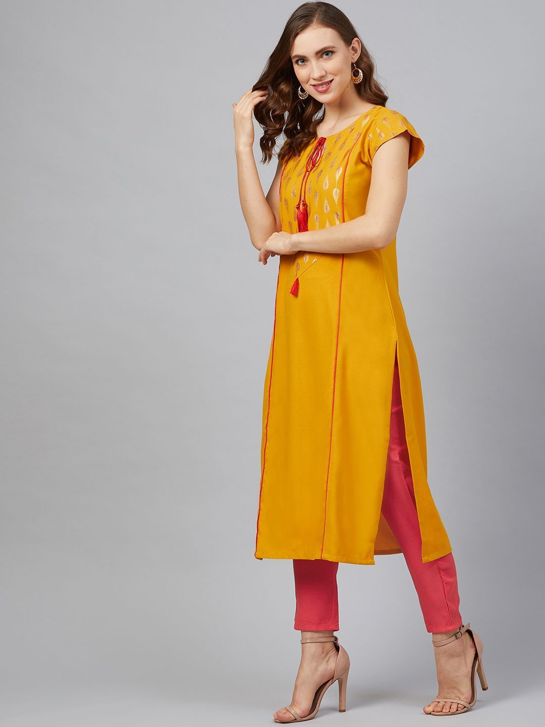 Women's Yellow Colour Foil Print Straight Rayon Kurta - Ziyaa