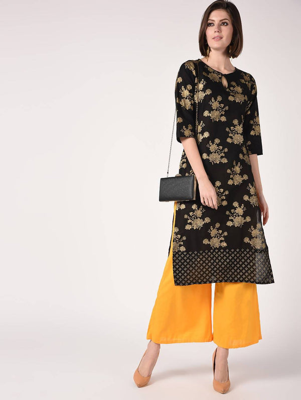 Women's Black & Mustard Hand Block Print Straight Kurta With Palazzo - Cheera