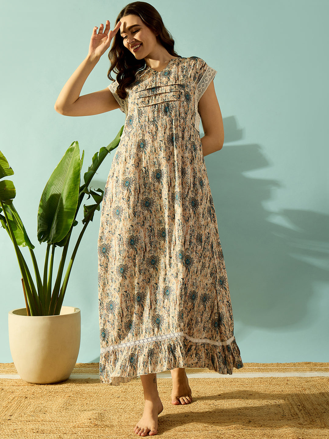 Women's Beige Knit Cotton Floral Sleep Wear - The Kaftan Company