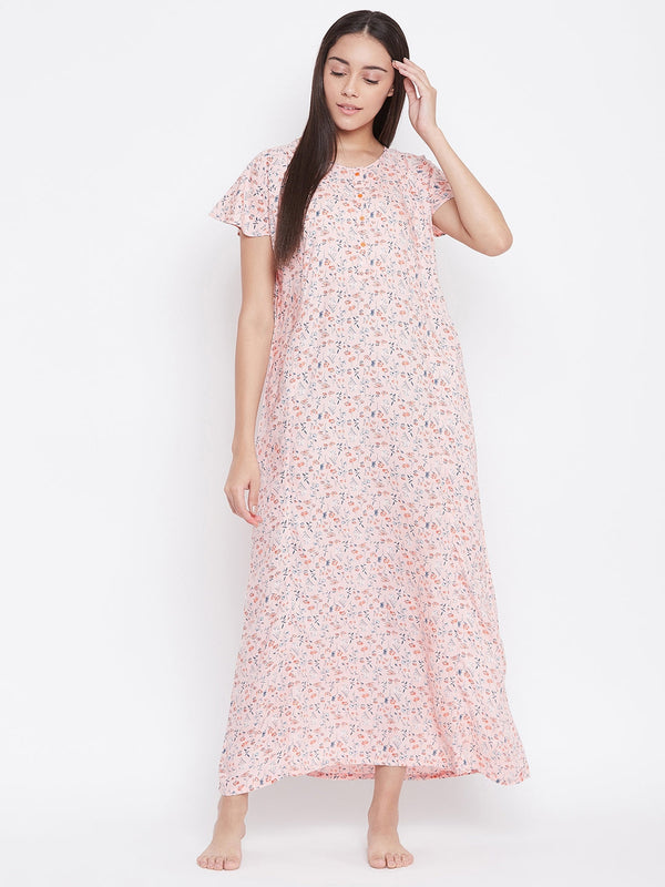 Women's Ditsy Flora Peach Cotton Nightdress - The Kaftan Company