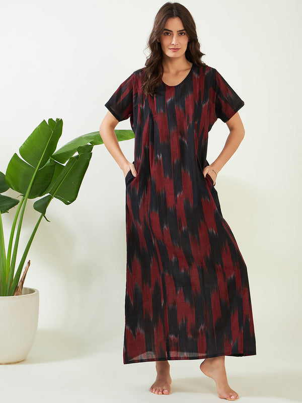 Women's Black And Red Handloom Ikat Cotton Nightdress - The Kaftan Company