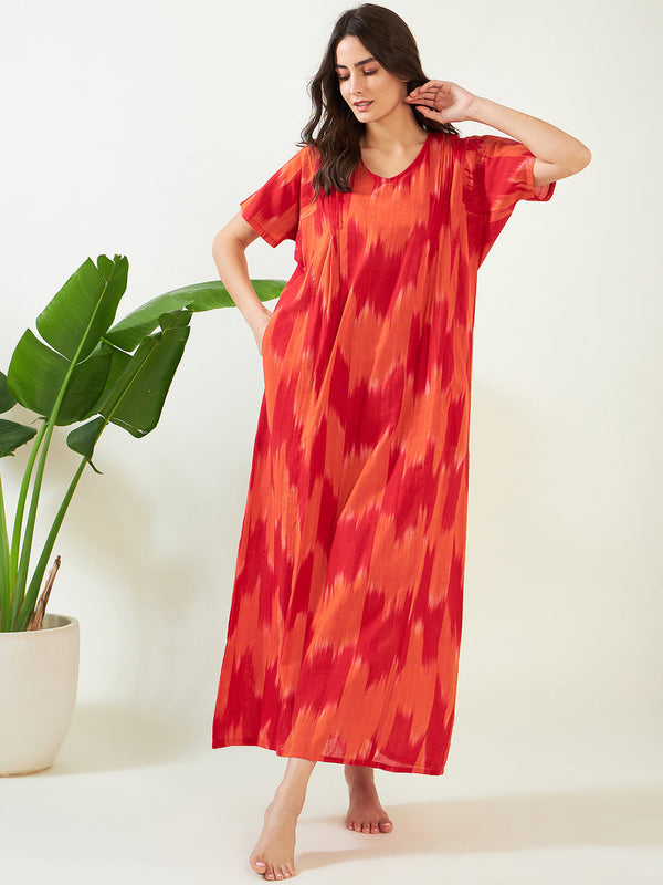 Women's Orange Handloom Ikat Cotton Nightdress - The Kaftan Company