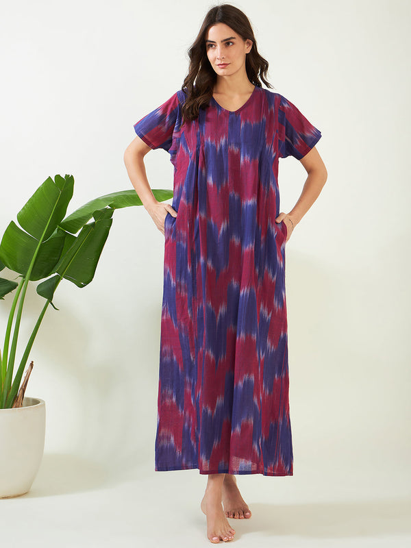 Women's Blue And Mauve Handloom Ikat Cotton Nightdress - The Kaftan Company