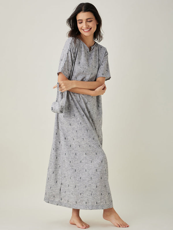 Women's Grey Serenade Dobby Nightdress - The Kaftan Company