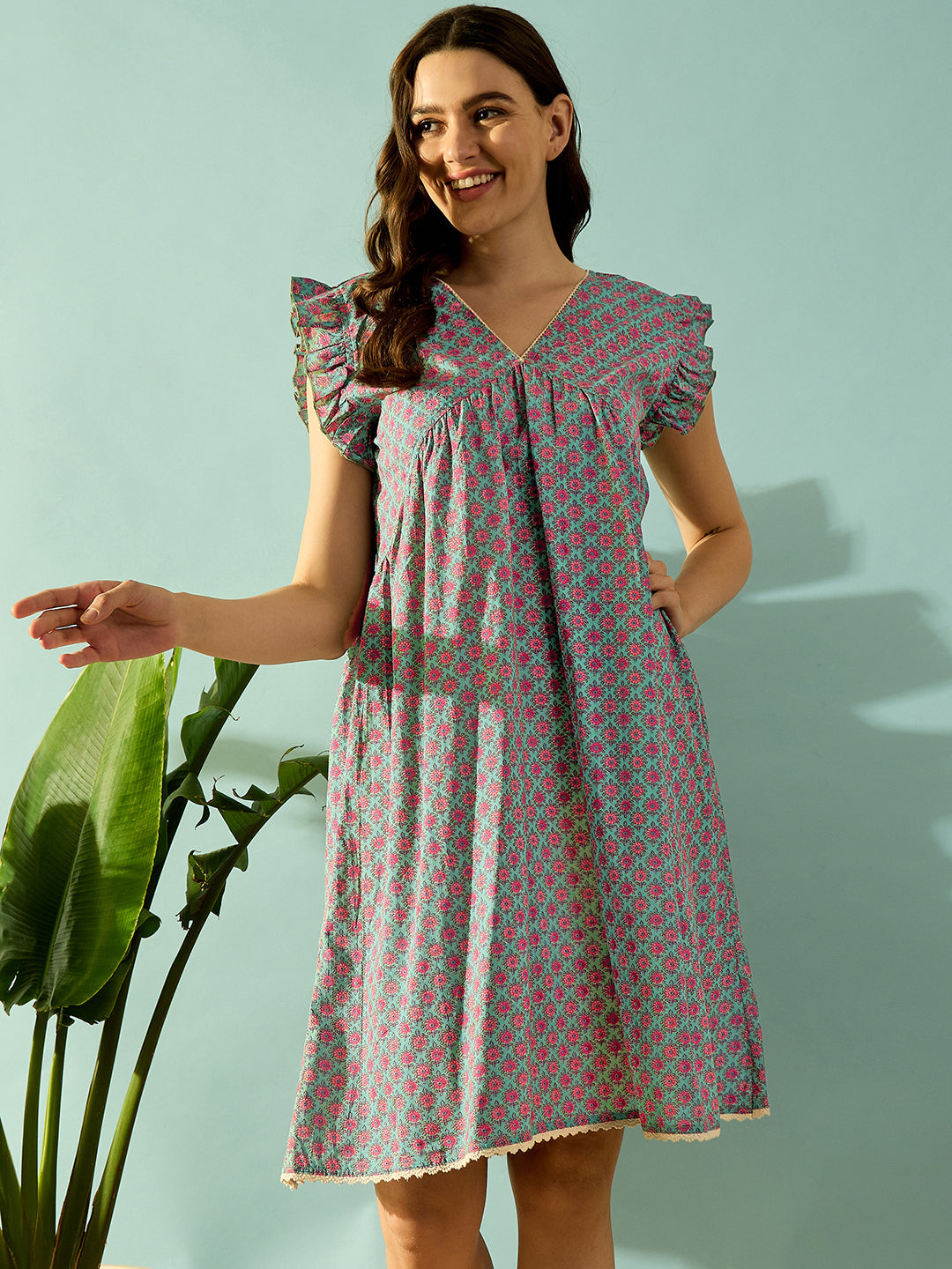 Women's Teal Knit Cotton Floral Sleep Wear - The Kaftan Company