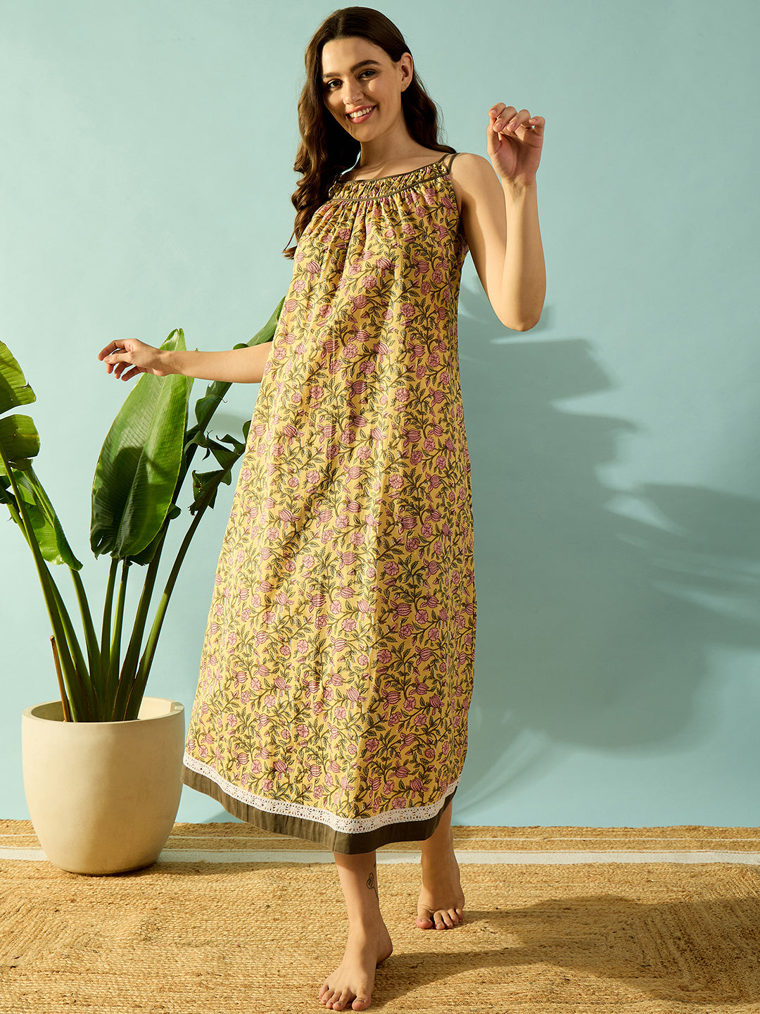 Women's Yellow Knit Cotton Floral Sleep Wear - The Kaftan Company