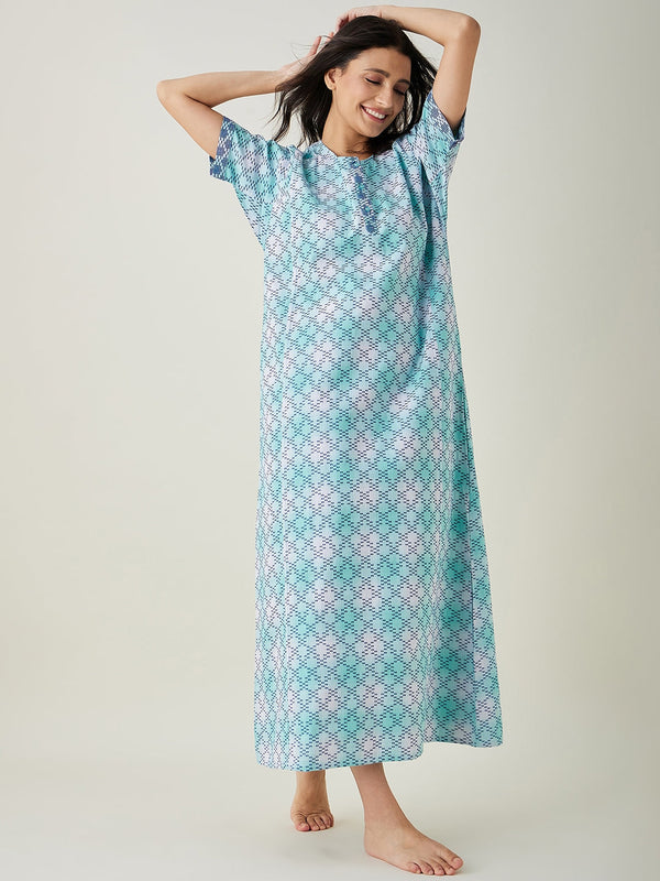 Women's  Green And White Tie Dye Embroidered Nightdress - The Kaftan Company