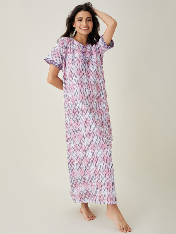 Women's Pink And White Tie Dye Embroidered Nightdress - The Kaftan Company