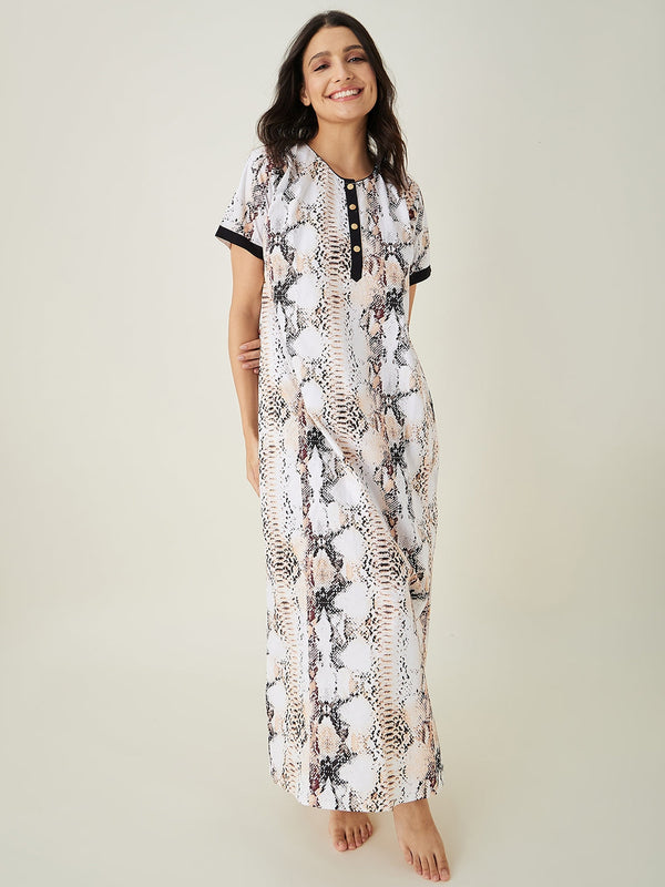 Women's White Snake Skin Printed Nightdress - The Kaftan Company