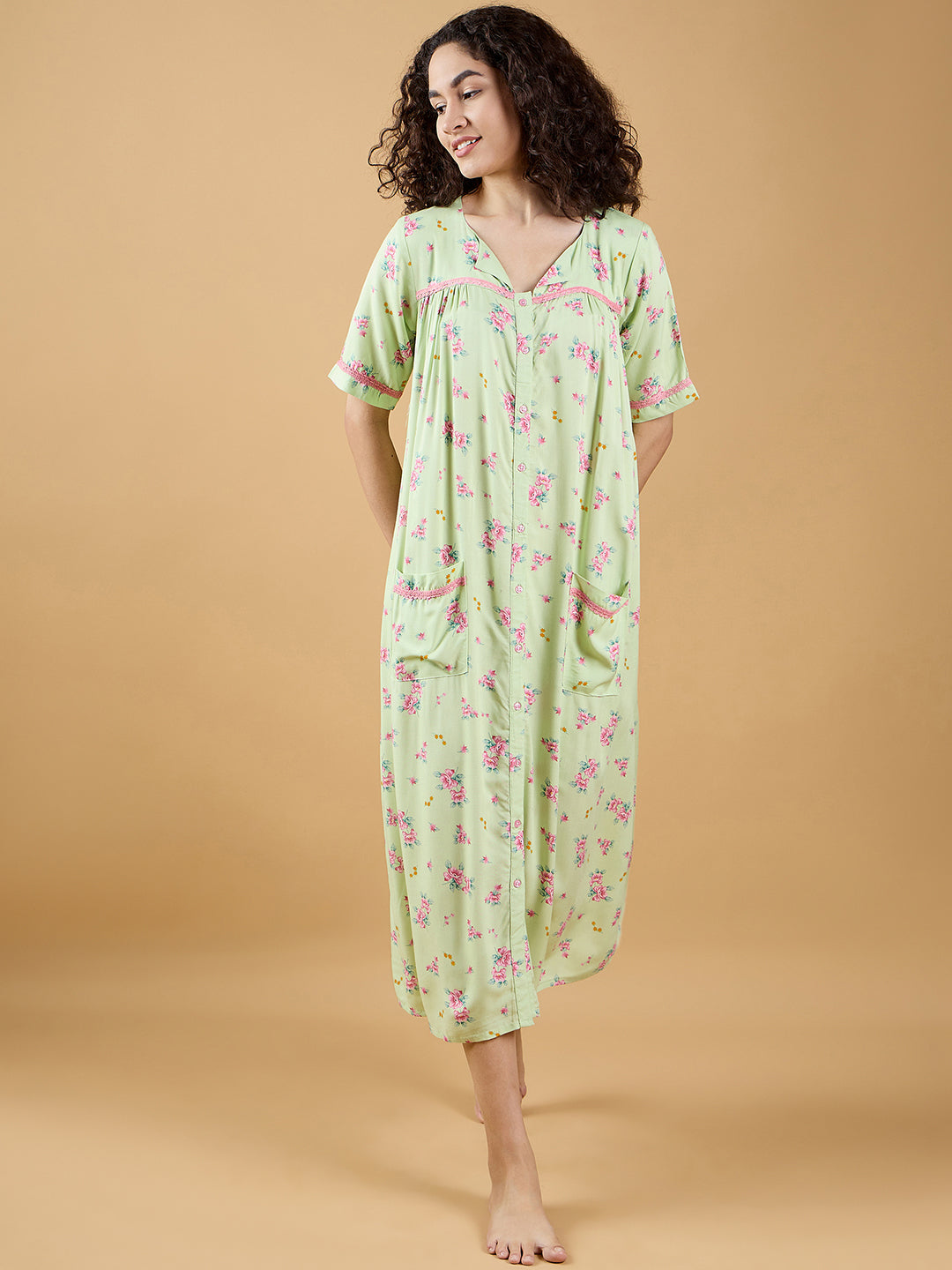 Women's Beige Viscose Micro Print Sleep Wear - The Kaftan Company