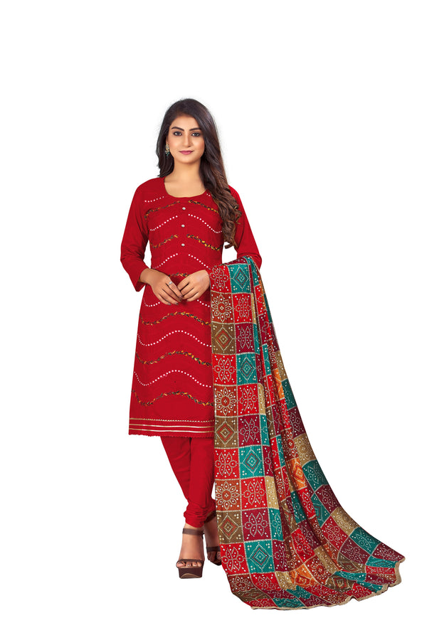 Women's Red Colour Semi-Stitched Suit Sets - Dwija Fashion