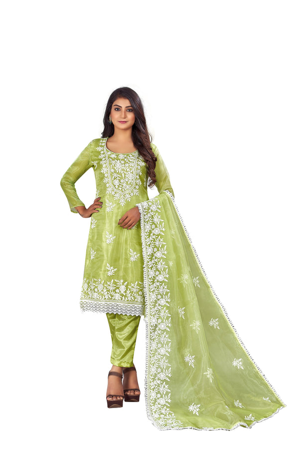 Women's Parrot Green Colour Semi-Stitched Suit Sets - Dwija Fashion