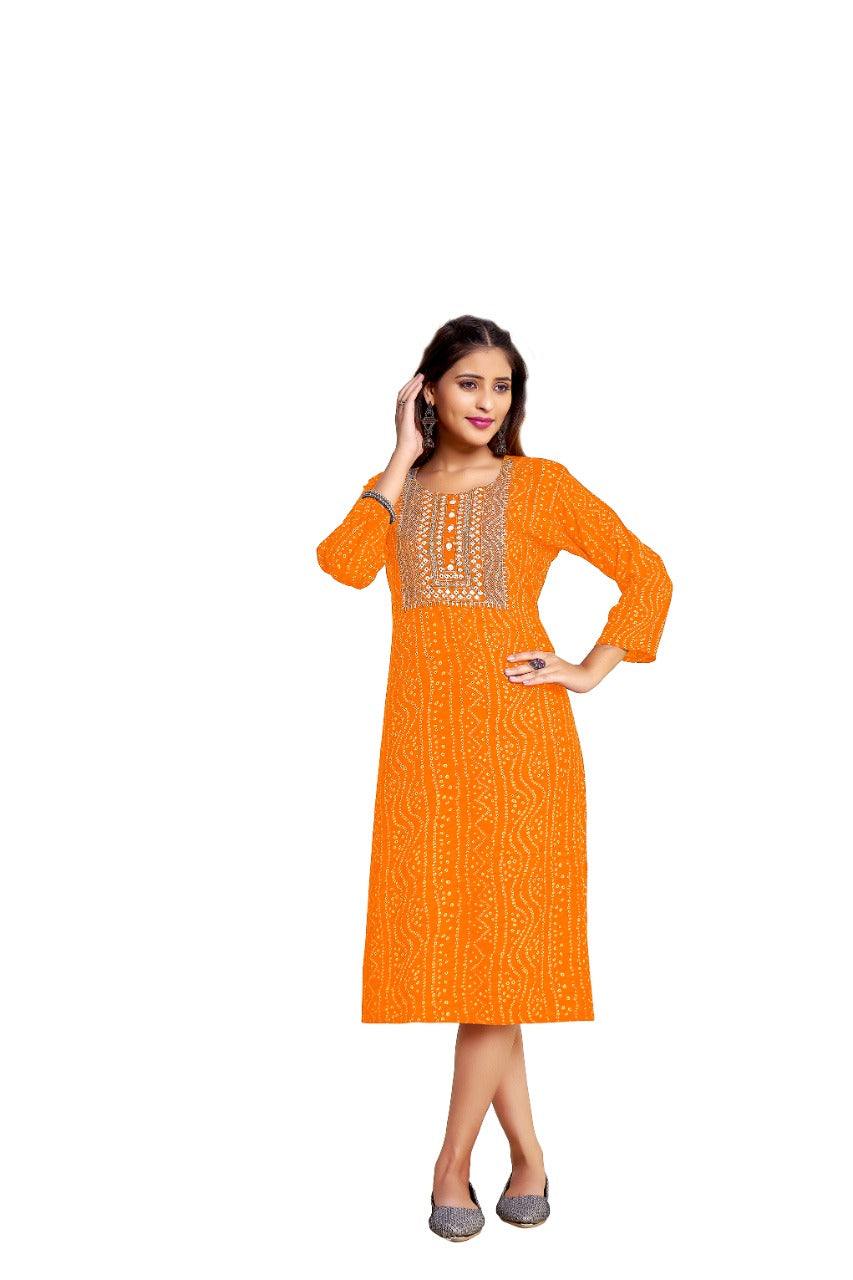 Women's Bandhani Orange Printed Kurti - Dwija Fashion