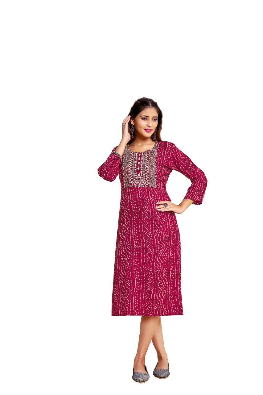 Women's Bandhani Rani Printed Kurti - Dwija Fashion