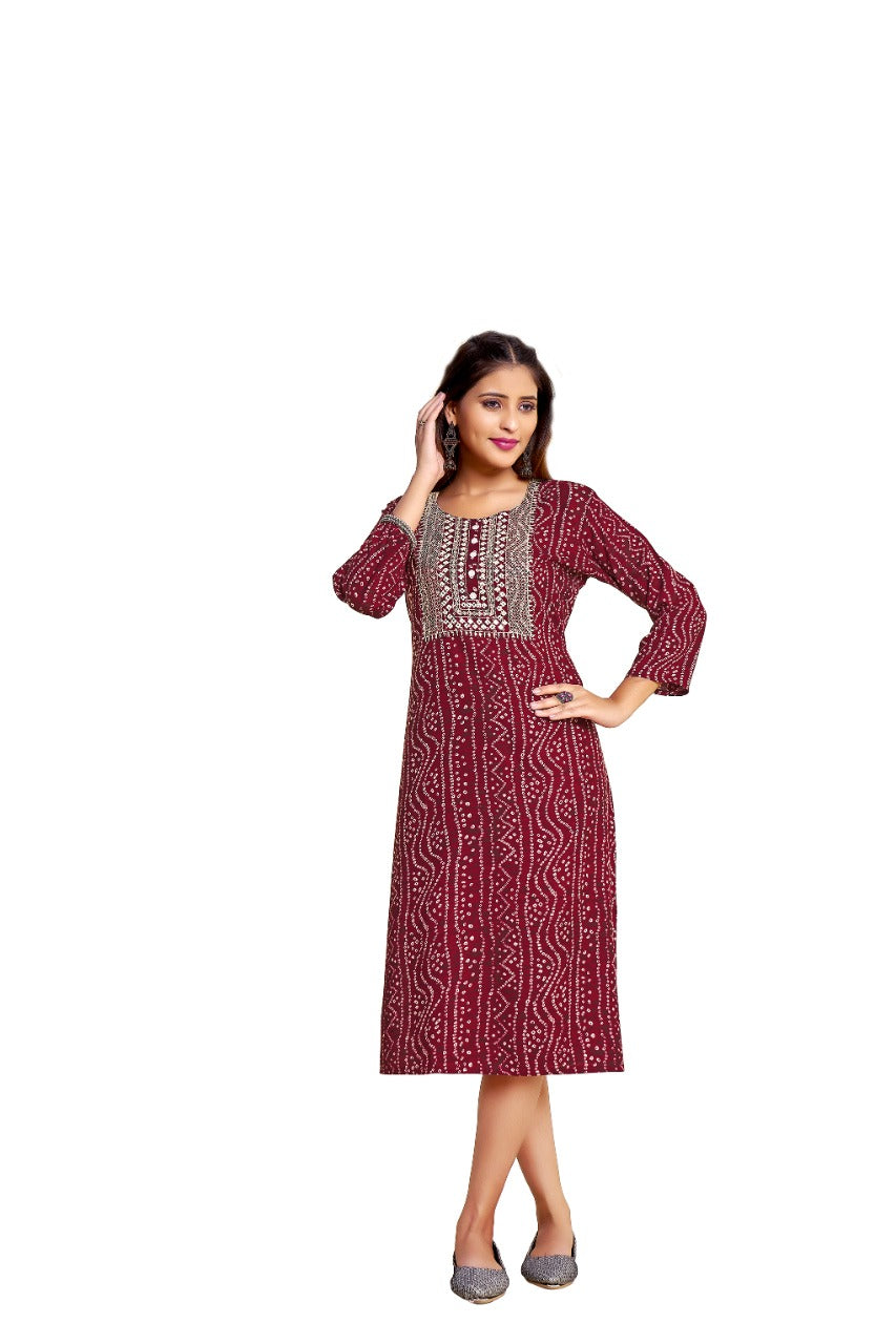 Women's Bandhani Red Printed Kurti - Dwija Fashion