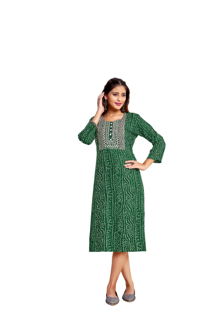 Women's Bandhani Green Printed Kurti - Dwija Fashion